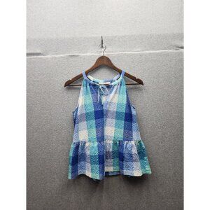 Loft Womens Blue & Green Plaid Sleeveless Peplum Top XS